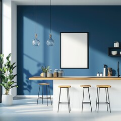 Modern, bright kitchen with a blue accent wall