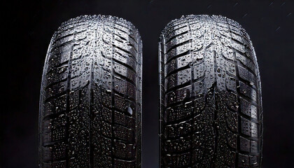 Obraz premium Generated image motorcycle tyres with rain and water droplets, front and back