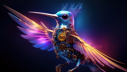 Steampunk Hummingbird with Intricate Mechanical Details and Glowing Wings