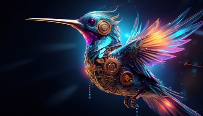 Mechanical hummingbird flying with intricate gears and colorful wings