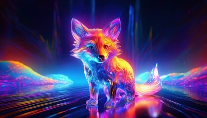 Neon Fox Standing Glowing in the Dark with Abstract Digital Art Style