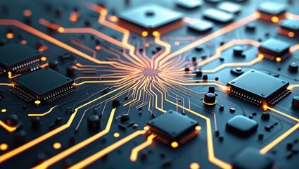 Abstract Digital Illustration Featuring Circuit Boards And Computer Components, Showcasing A Futuristic Design With Glowing Lines And Elements Representing Data Processing And Cybersecurity Concepts.​
