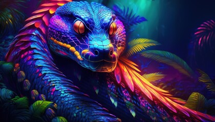 Vibrant snake resting amid lush tropical foliage in colorful jungle