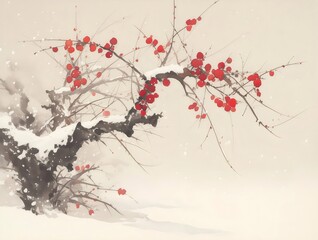 Watercolor Painting of a Snow Covered Tree Branch with Red Blossoms on a Light Beige Background