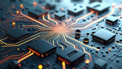 Abstract Digital Illustration Featuring Circuit Boards And Computer Components, Showcasing A Futuristic Design With Glowing Lines And Elements Representing Data Processing And Cybersecurity Concepts.​