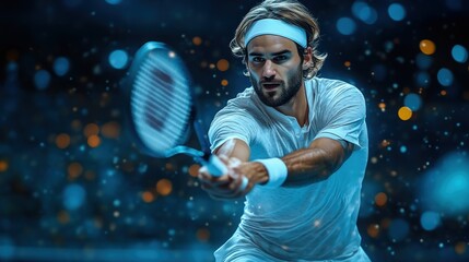 Dynamic Tennis Player in Action with Intense Focus and Powerful Swing