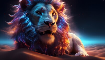 Majestic lion with vibrant glowing mane lying regally in a desert landscape