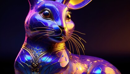 Captivating Blue and Gold Rabbit Sculpture Elegantly Displayed in Studio Setting