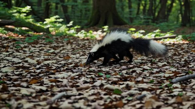 Low-angle video shot of a skunk walking through a sunlit forest, surrounded by fallen leaves, highlighting nature and wildlife exploration.