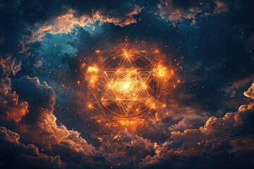 Obraz premium A fiery, celestial geometric symbol glows amidst swirling cosmic clouds and stars.