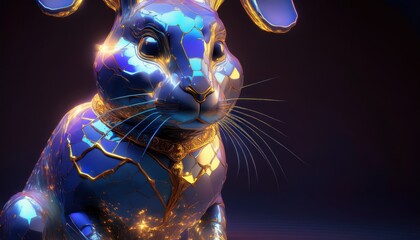 Decorative Blue and Gold Rabbit Statue Shining in the Dark Studio