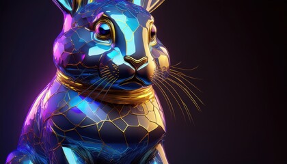 Year of the rabbit futuristic metal rabbit statue with golden accents