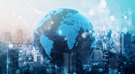 A globe hovers above a blurred cityscape with a blue color scheme.