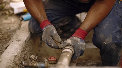 A Hispanic construction worker repairing a leak in a water pipe at a construction site. Featuring problem-solving and focus