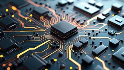 Futuristic Abstract Digital Circuit Board Background With Glowing Lines And Tech Elements, Illustrating Cyber Security, Data Processing, And High-Tech Connectivity Concepts.