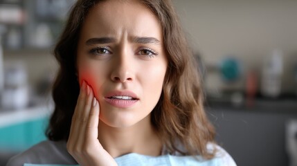 Woman toothache: red gum, aching cheek, pained face, dental agony, oral distress, facial grimace, visible discomfort, mouth closeup, tooth sensitivity, emotional expression.