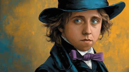 Artistic portrait of young Lewis Carroll in vintage attire and top hat, imaginative classic author illustration with warm textured background
