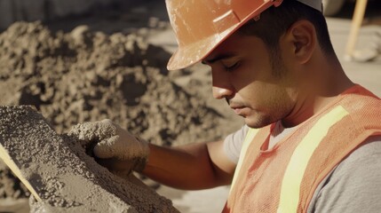 A Hispanic construction worker reviewing a concrete mixture at the site. Featuring quality and attention to detail