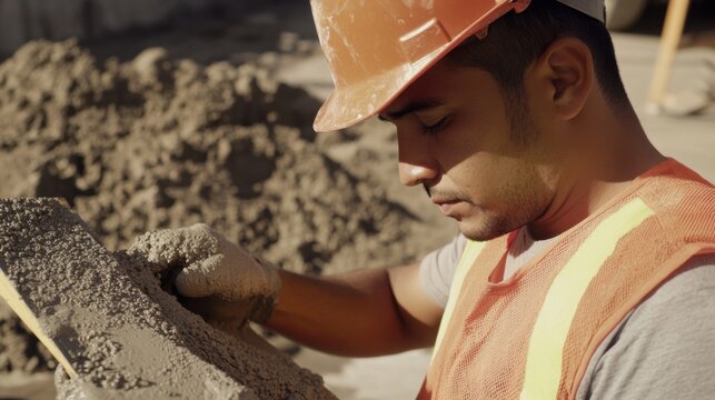 A Hispanic construction worker reviewing a concrete mixture at the site. Featuring quality and attention to detail