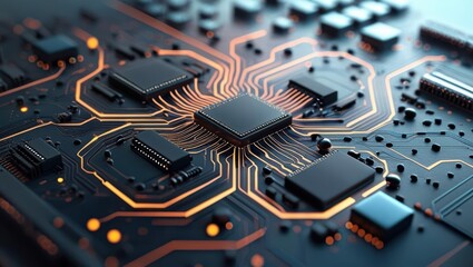 Futuristic Abstract Digital Circuit Board Background With Glowing Lines And Tech Elements, Illustrating Cyber Security, Data Processing, And High-Tech Connectivity Concepts.