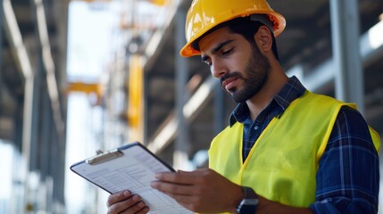 A Hispanic construction worker reviewing a safety checklist at a construction site. Featuring safety and attention to detail