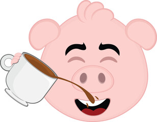 vector illustration emoji character face pig cartoon, drinking a cup of coffee
