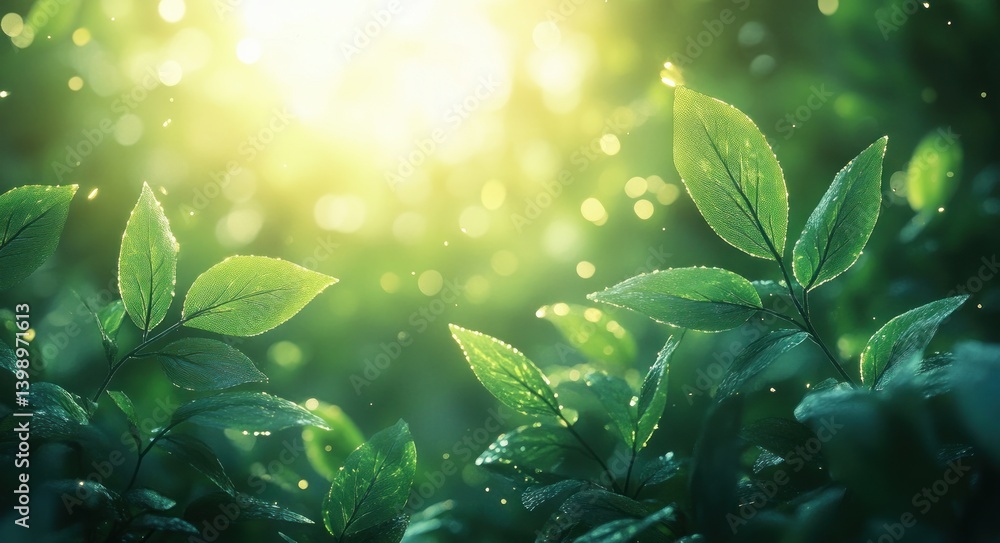 Aufkleber sunlit green leaves on maple tree in serene nature background with soft focus and glowing bokeh