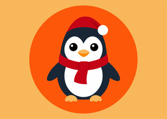 Festive Penguin: A charming cartoon penguin, adorned in a festive red scarf and santa hat, stands against a warm orange backdrop.