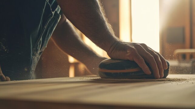 A Hispanic construction worker sanding wood at a construction site. Featuring technique and detail