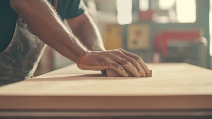 A Hispanic construction worker sanding wood at a construction site. Featuring technique and detail