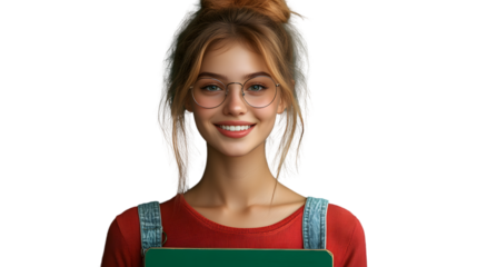 A cheerful individual with glasses and a red top holding a green sign against a black backgrou