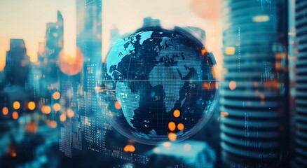 Globe with digital connections against a blurred cityscape at dusk or dawn.