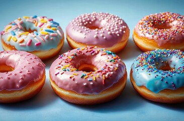 Vibrant Colorful Donuts with Sprinkles on Blue Background