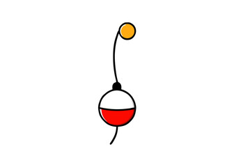 Simple Fishing Bobber :A classic illustration of a fishing bobber, a vibrant red and white sphere attached to a line, with a yellow buoy on top and a simple curved line.