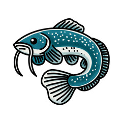 Stylized Catfish Illustration with Whiskers and Fins on White Background