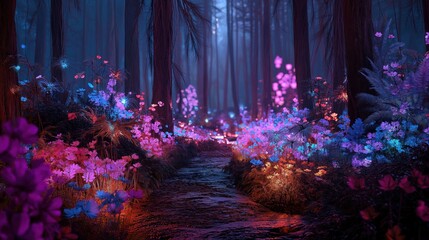 Fototapeta premium Enchanted forest scene with colorful flowers and a serene pathway.