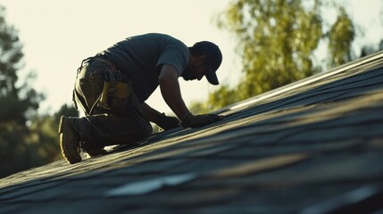A Hispanic construction worker sealing a roof at a construction site. Featuring care and attention to detail