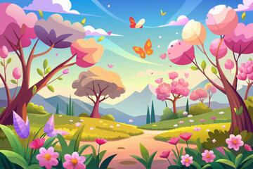 vector of Spring scenery in a field of flowers and pink leaves and butterflies in the morning seamless animation time lapse video background created.