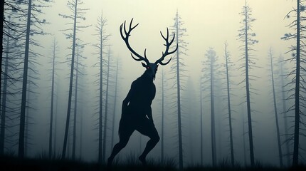 Illustration of wendigo creature with glowing red eyes standing in a foggy forest, dark fantasy horror scene with eerie trees and misty atmosphere