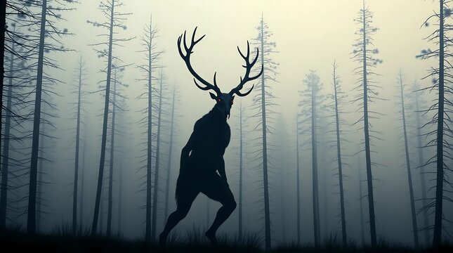 Illustration of wendigo creature with glowing red eyes standing in a foggy forest, dark fantasy horror scene with eerie trees and misty atmosphere