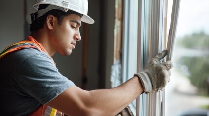 A Hispanic construction worker sealing windows at a construction site. Featuring attention to detail and expertise