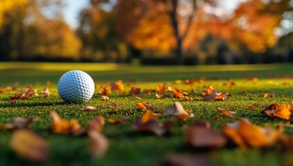 Golf ball resting on autumnal green