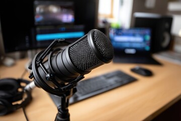 A detailed view of a high-quality podcast microphone positioned on a desk in a home studio, fully prepared for recording. The podcasting equipment is in sharp focus, set in an empty room, awaiting it