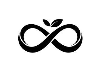 Infinite Green Eco-Symbol: An elegantly designed symbol combining the infinity loop with delicate leaves, representing the core principles of sustainability, eco-friendliness.