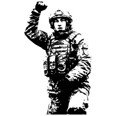 Black and White Ukraine Army Art Ilustration, Raising one's hand as a gesture of signaling clean