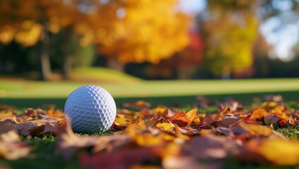 Golf ball resting on autumn leaves on a green golf course