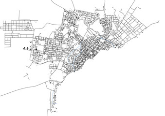 vector map of buildings, highway, waterway in corozal city, belize with black and white color
