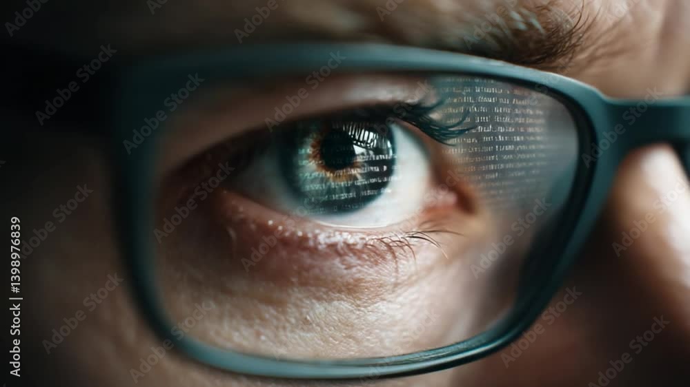 Poster eye with glasses reflecting a coding screen generative ai