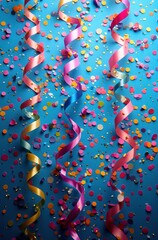 Colorful Confetti and Ribbons on Teal Background for Carnival Celebration