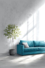 A digital illustration of a cozy lounge showcasing a blue sofa and a vibrant indoor tree beside a plain light-colored wall, accentuated by the light filtering through a nearby window.